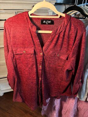 AUW Red Knit Button Front Utility Top XXL Pocket Blouse